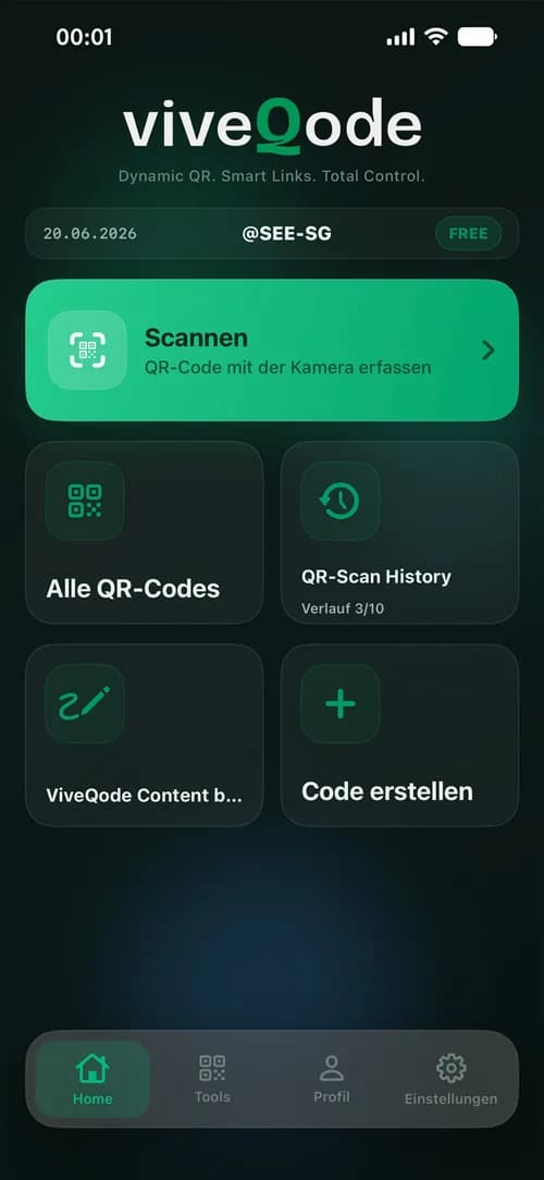 VIVEQODE iOS app home screen with the active QR code and live scan counter