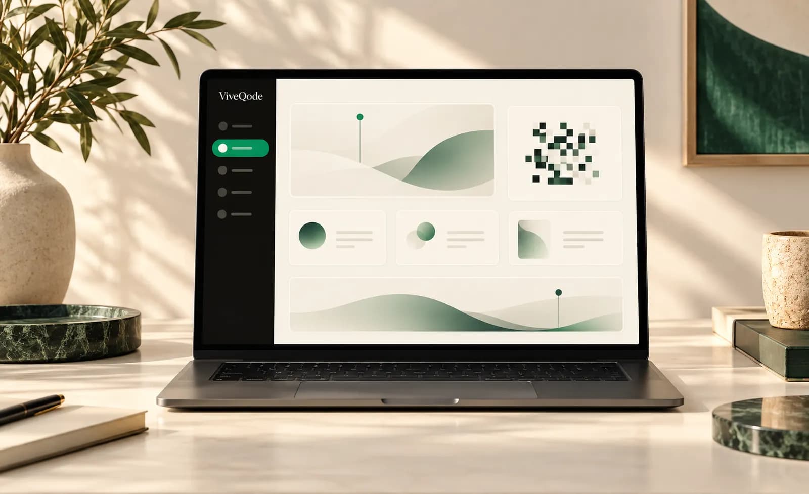 Dashboard-Konzept auf einem Laptop mit abstraktem QR-Muster